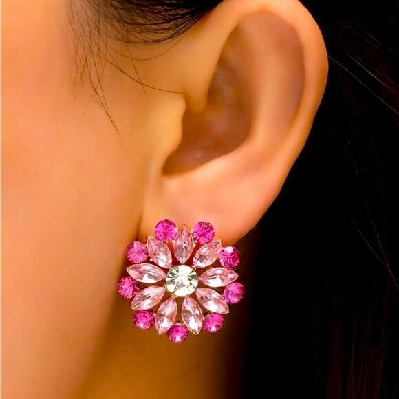 Pink Flower Rhinestone Stud Earrings - Picture 1 of 3